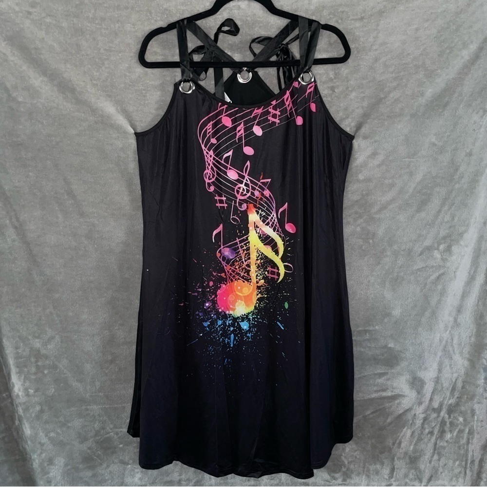 NWT Rosegal Black Music Note Graphic Dress Size Large 14 Pink Yellow Blue